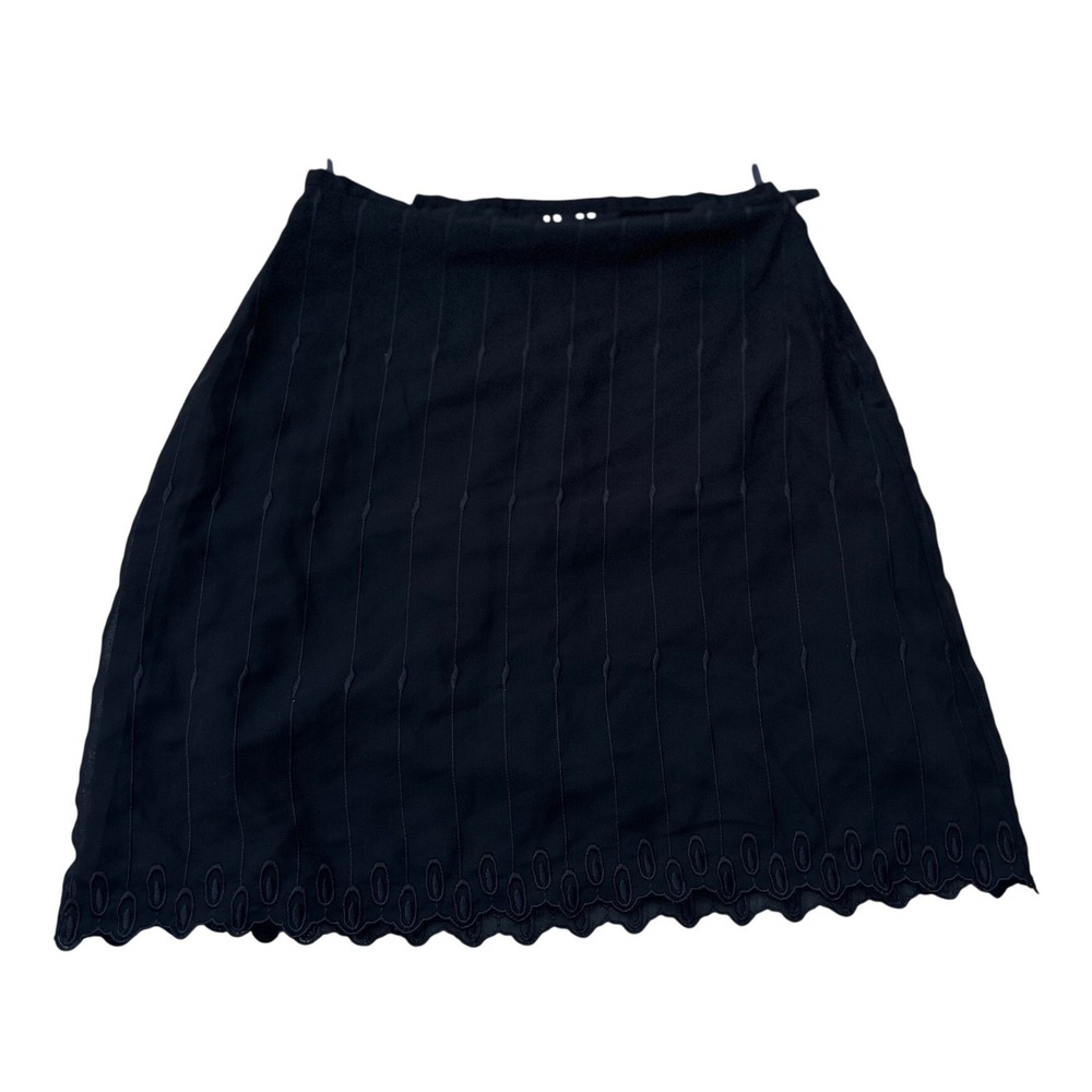 Sisley Black Mini Skirt Sheer Overlay Scalloped Hem Embroidered Detail Size XS